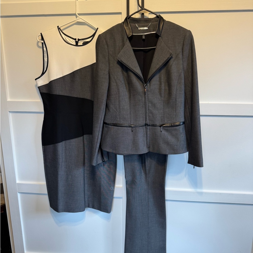 White House Black Market Gray and Black 3 piece Suit Dress, Pants, & Jacket